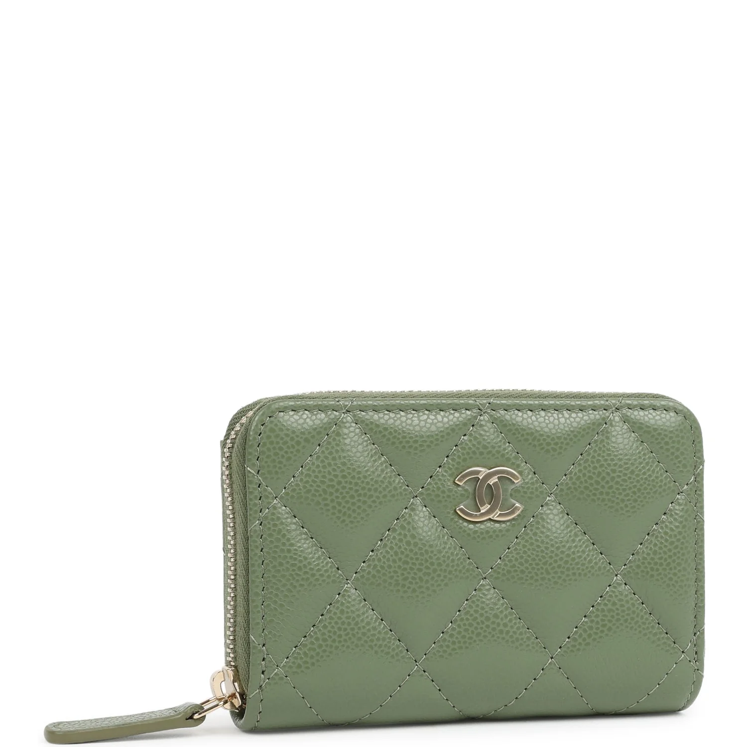 Chanel Classic Zipped Coin Purse Wallet Khaki Shiny Caviar Light Gold Hardware