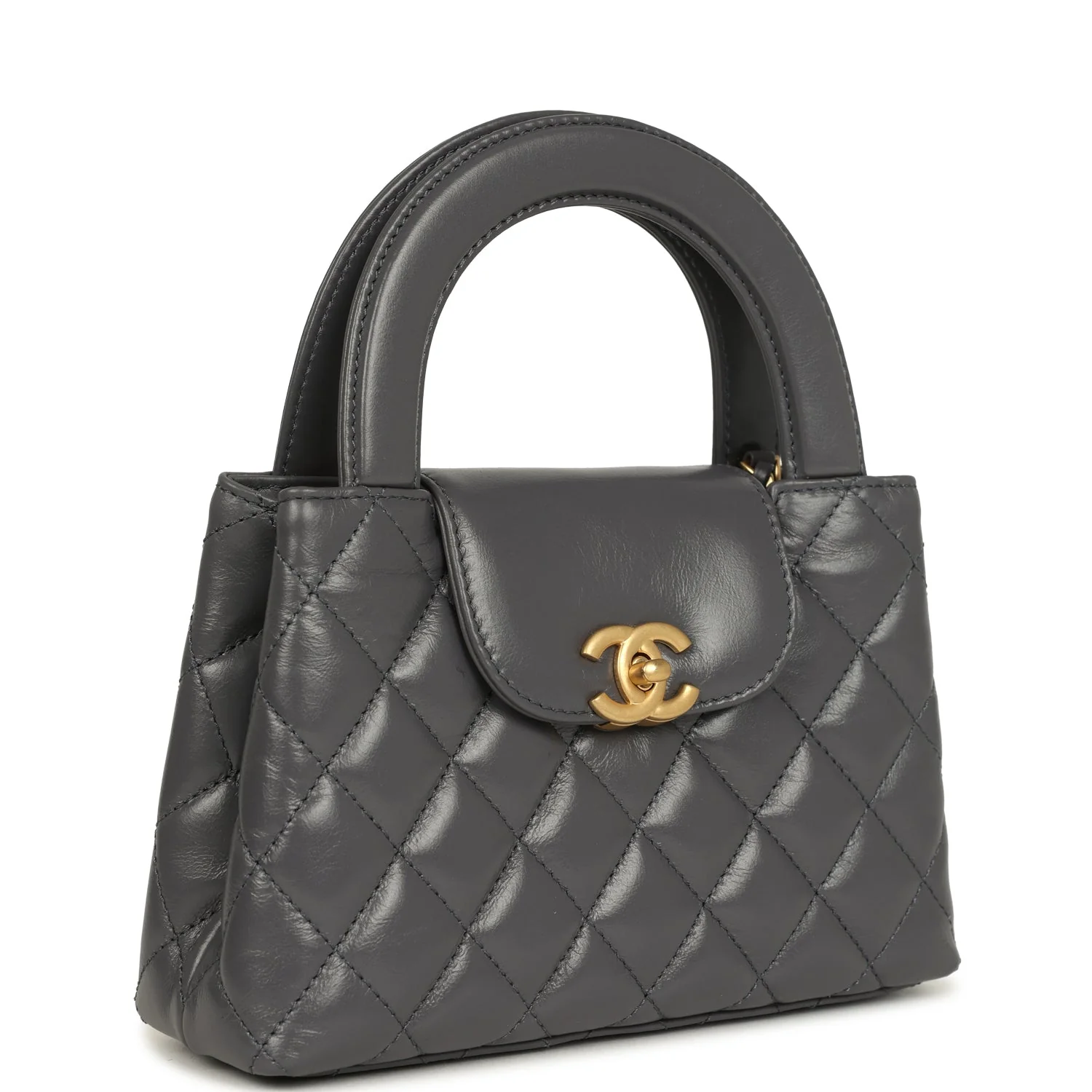 Chanel Small Kelly Shopper Grey Shiny Aged Calfskin Brushed Gold Hardware