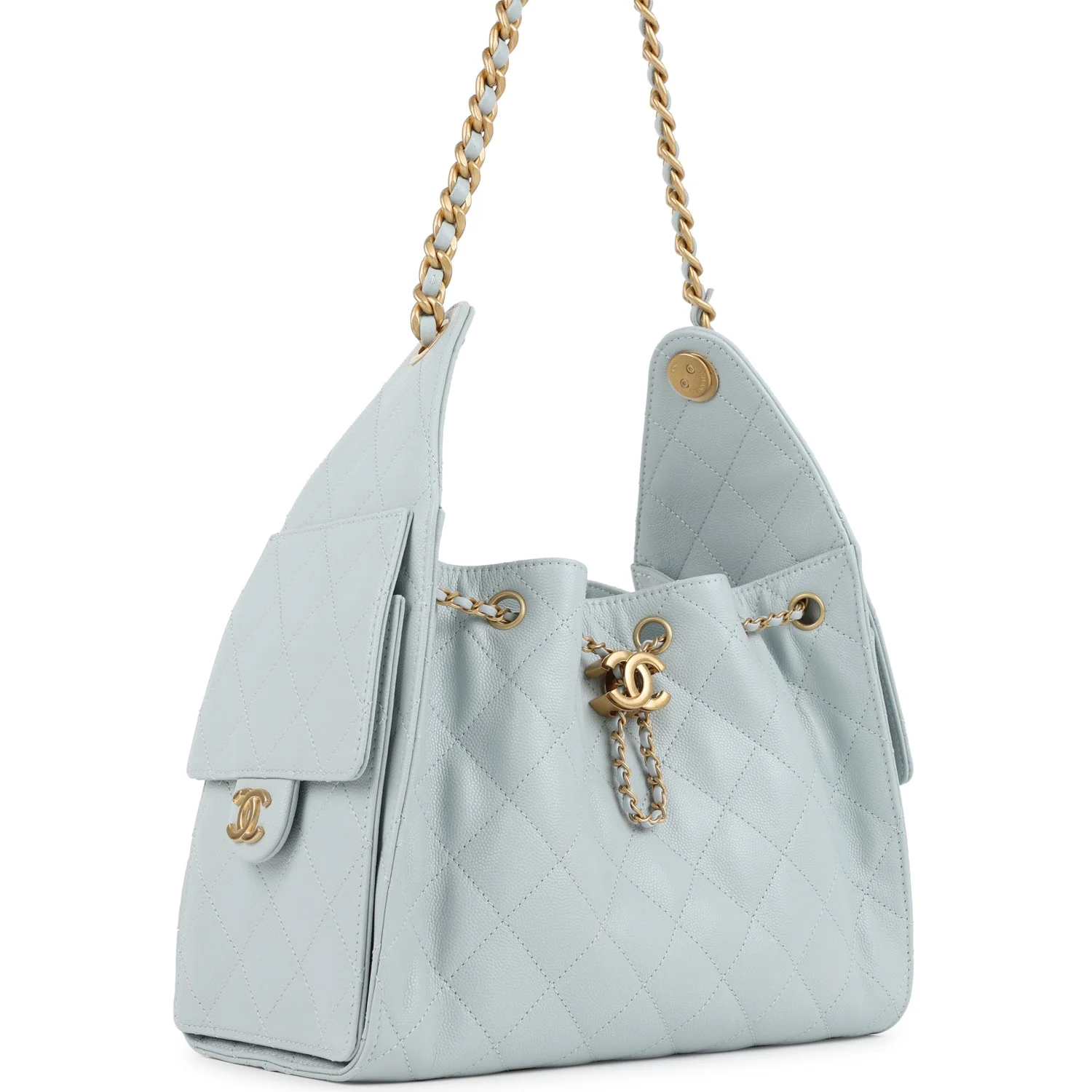 Chanel Small 25 Hobo Bag Light Blue Caviar Antique Gold Hardware