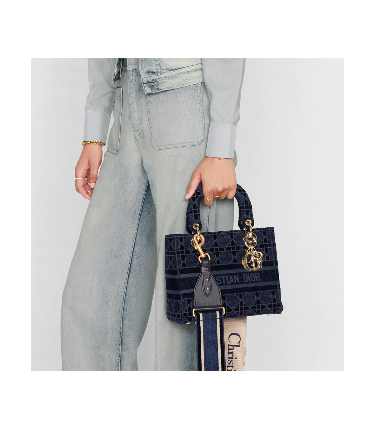 Dior Dior Medium Lady D-Lite Bag Blue Cannage Embroidered Velvet