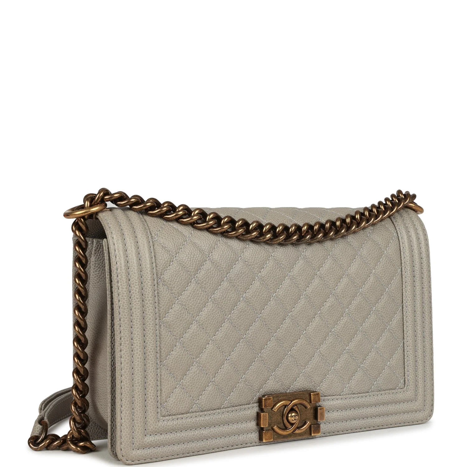Chanel New Medium Boy Bag Grey Caviar Antique Gold Hardware