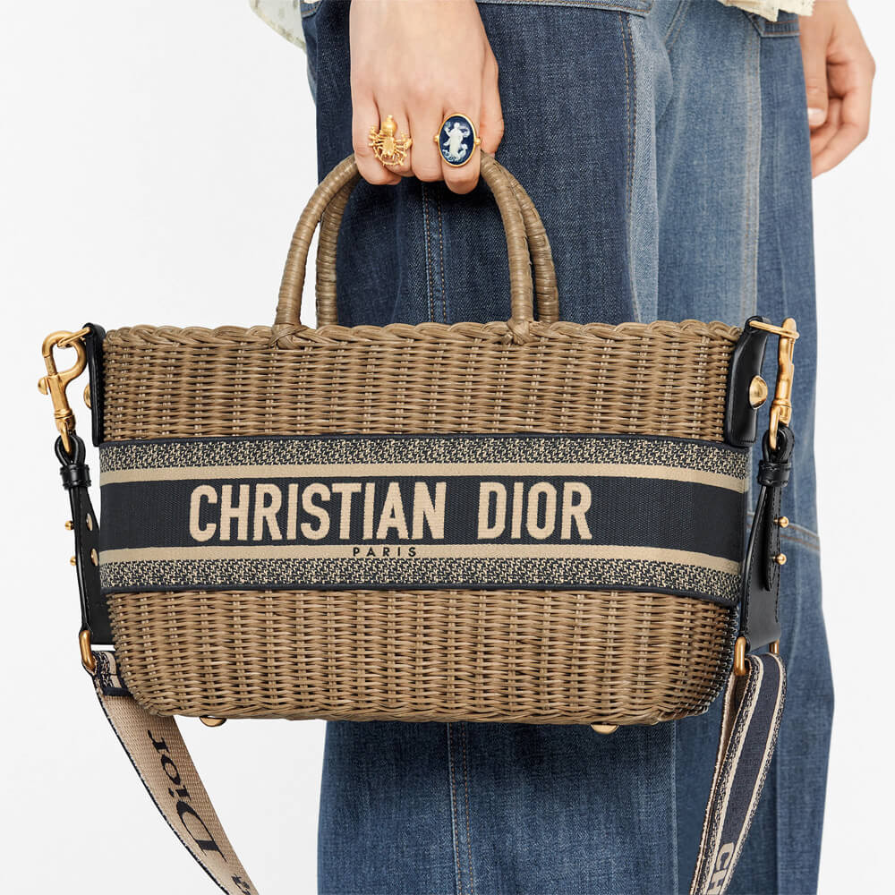 Dior Christian Dior Wicker Basket Shoulder Bag Blue Oblique