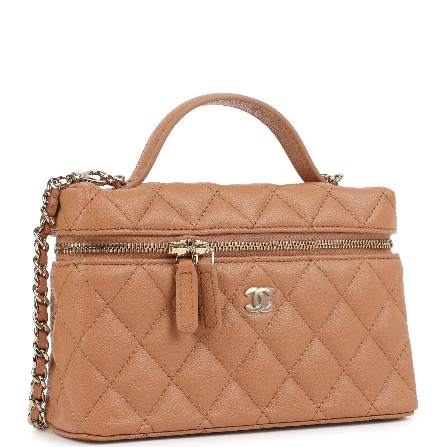 Chanel Top Handle Long Vanity Case with Chain Caramel Shiny Caviar Light Gold Hardware