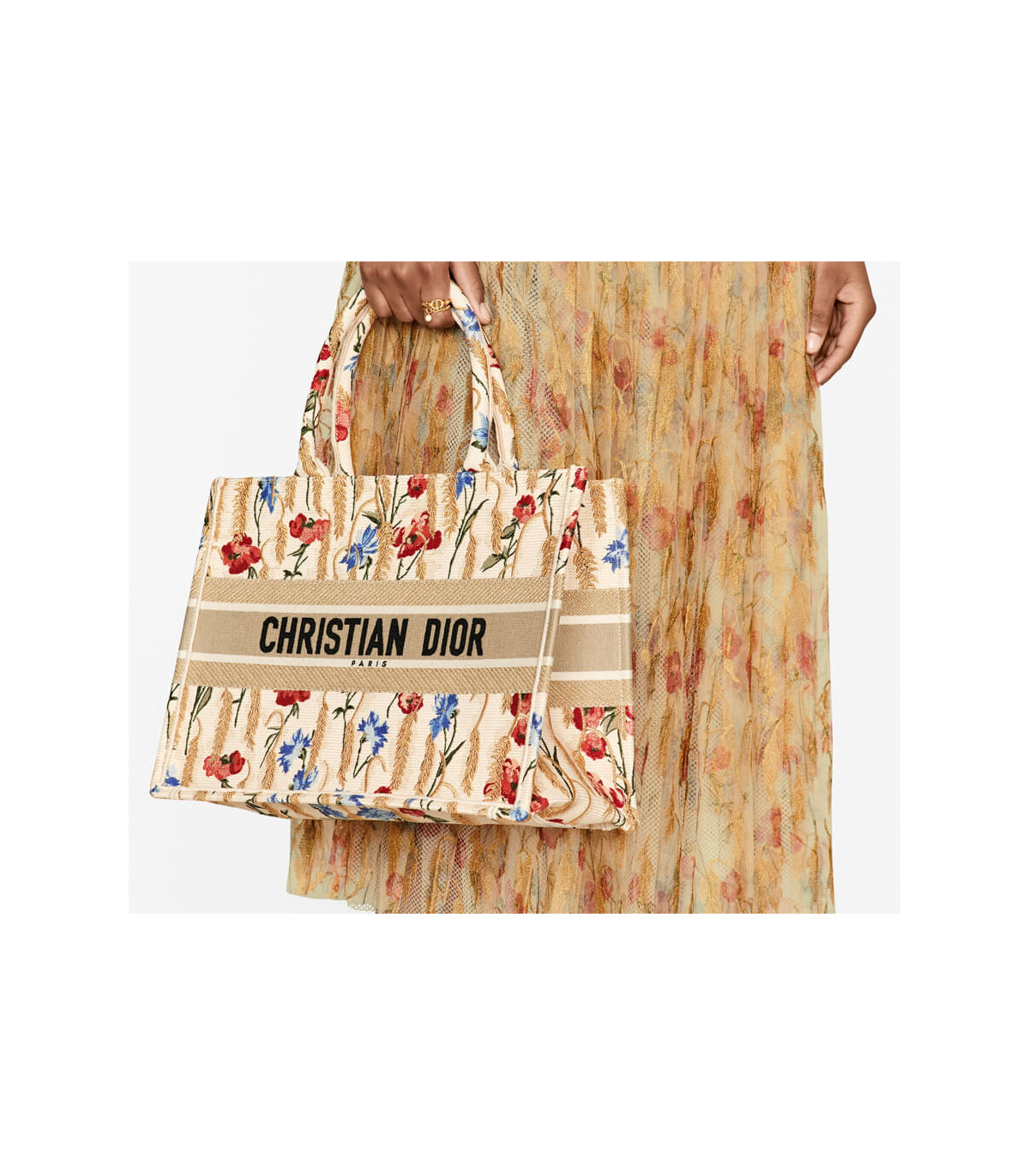 Dior Dior Small Book Tote in Beige Multicolor Hibiscus Metallic Thread Embroidery