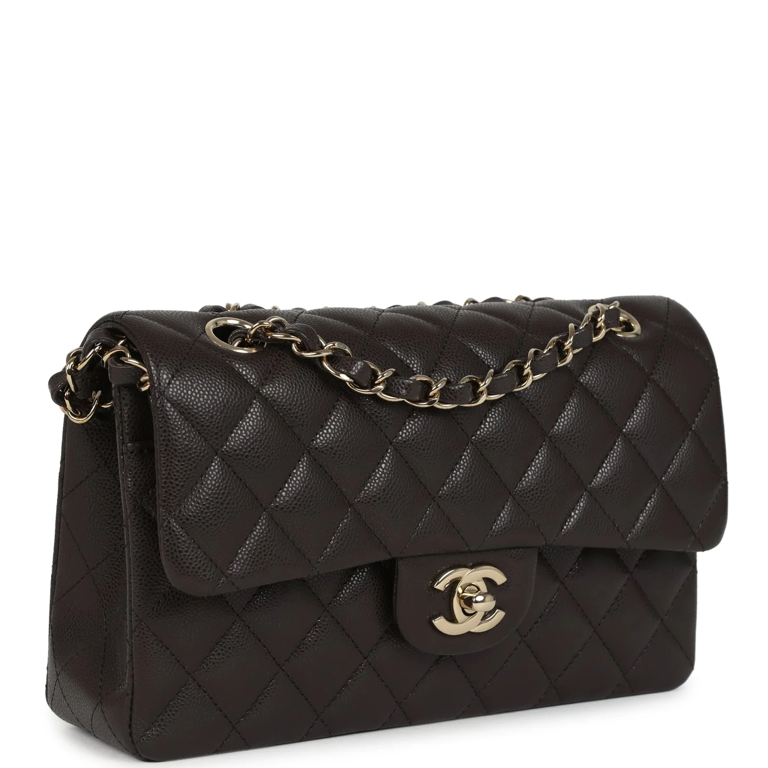 Chanel Small Classic Double Flap Bag Brown Shiny Caviar Light Gold Hardware