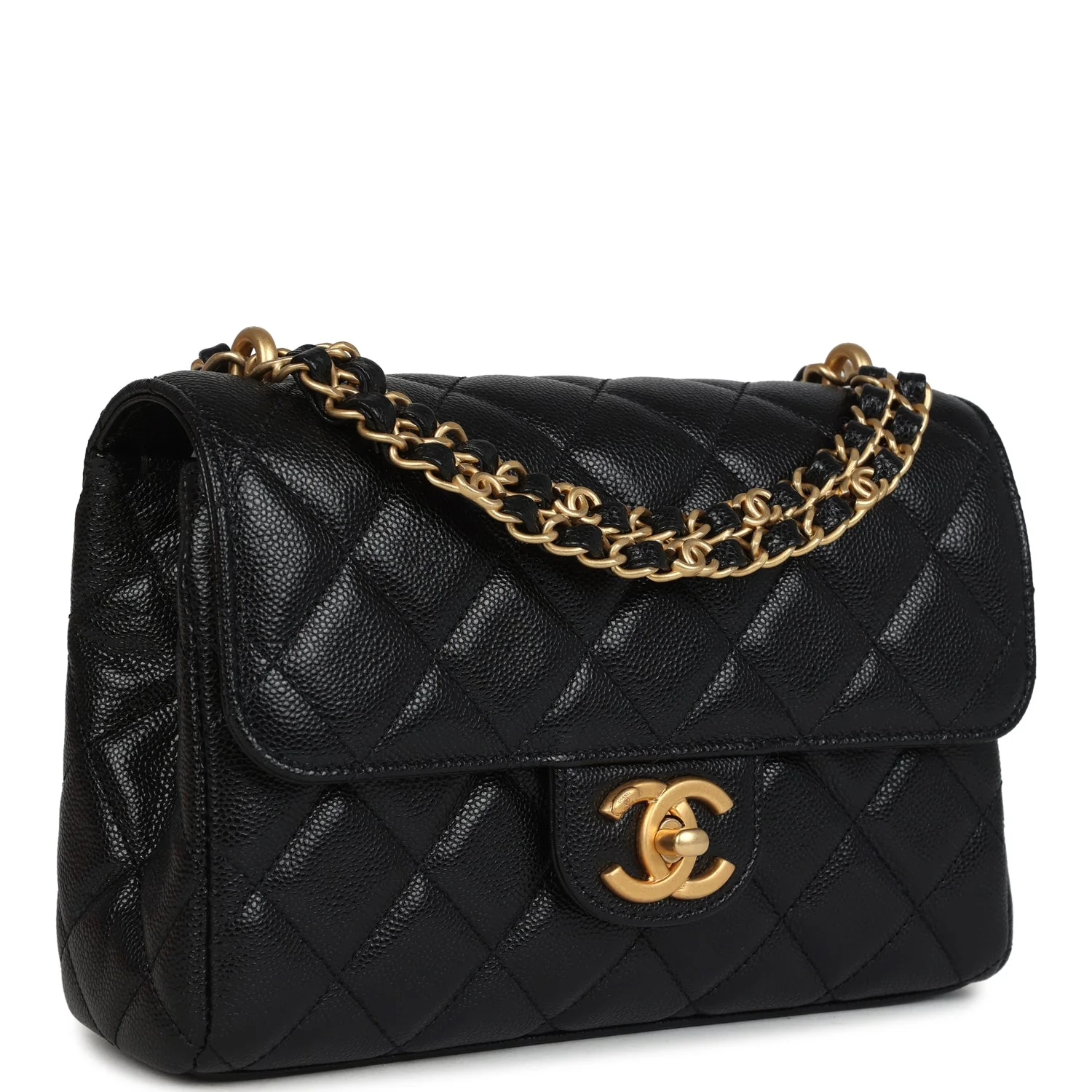 Chanel Small Top Handle Flap Bag Black Shiny Grained Calfskin Brushed Gold Hardware
