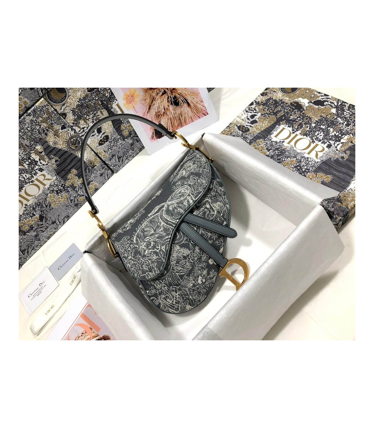 Dior Christian Dior Saddle Bag Grey Toile de Jouy Reverse Jacquard