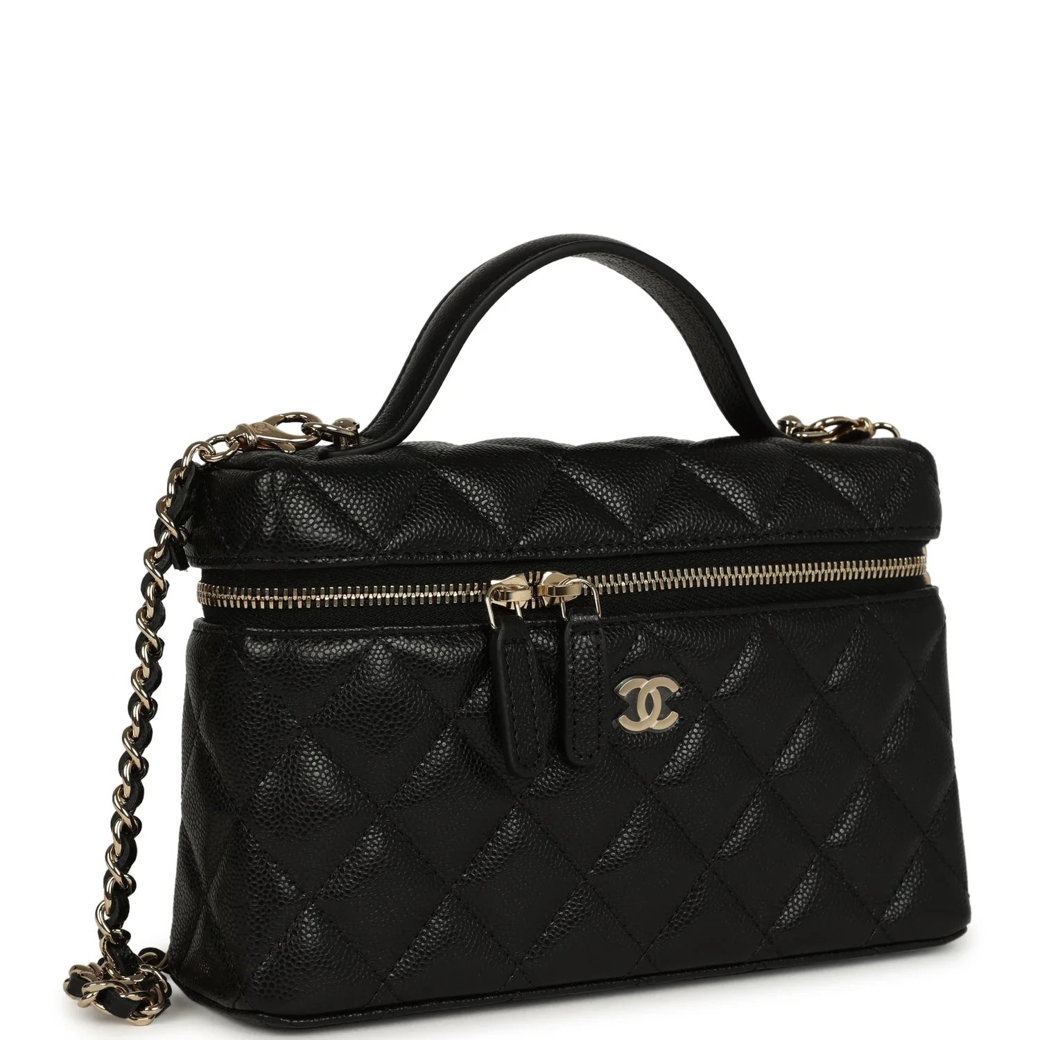 Chanel Top Handle Long Vanity Case with Chain Black Shiny Caviar Light Gold Hardware