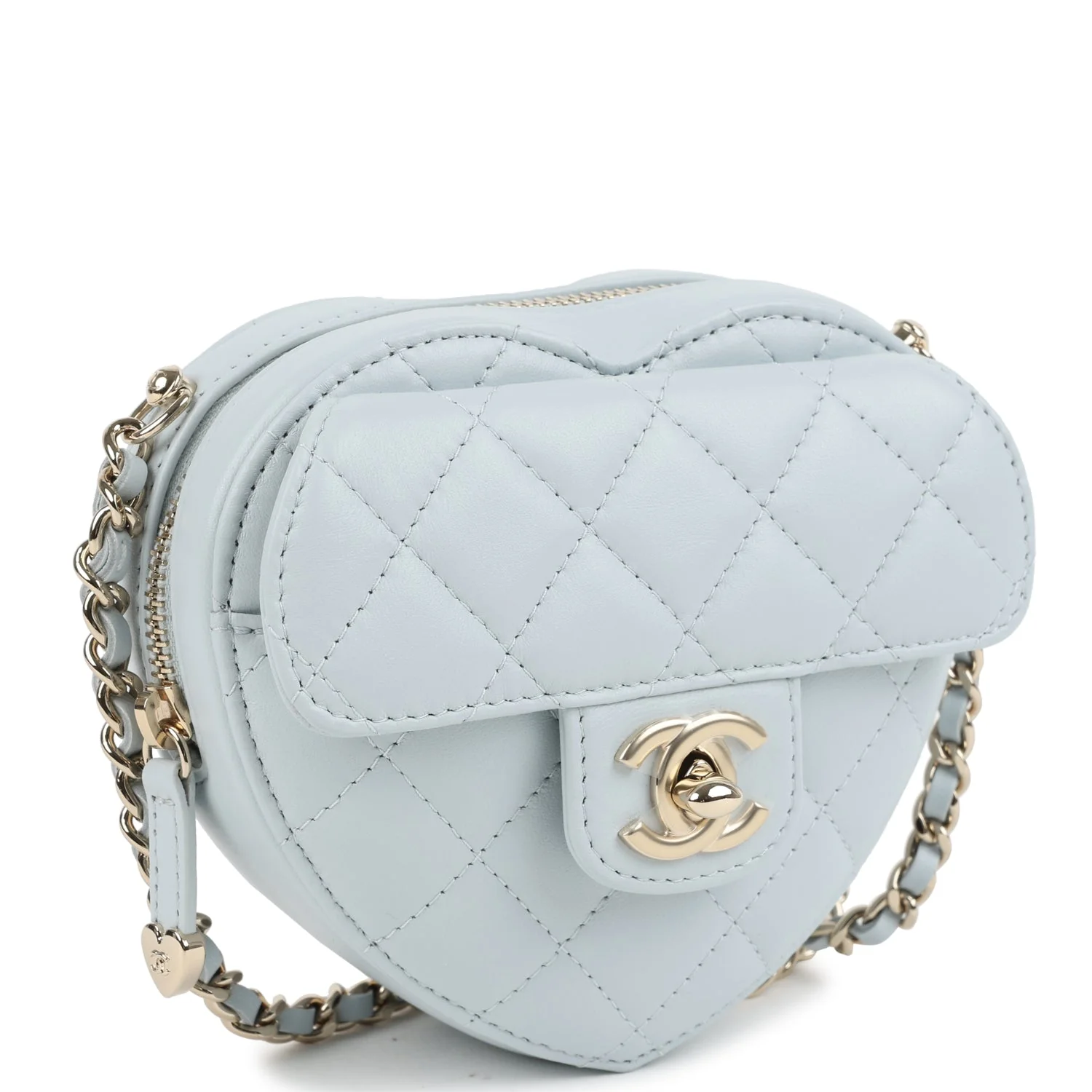 Chanel CC In Love Small Heart Bag with Chain Light Blue Lambskin Light Gold Hardware