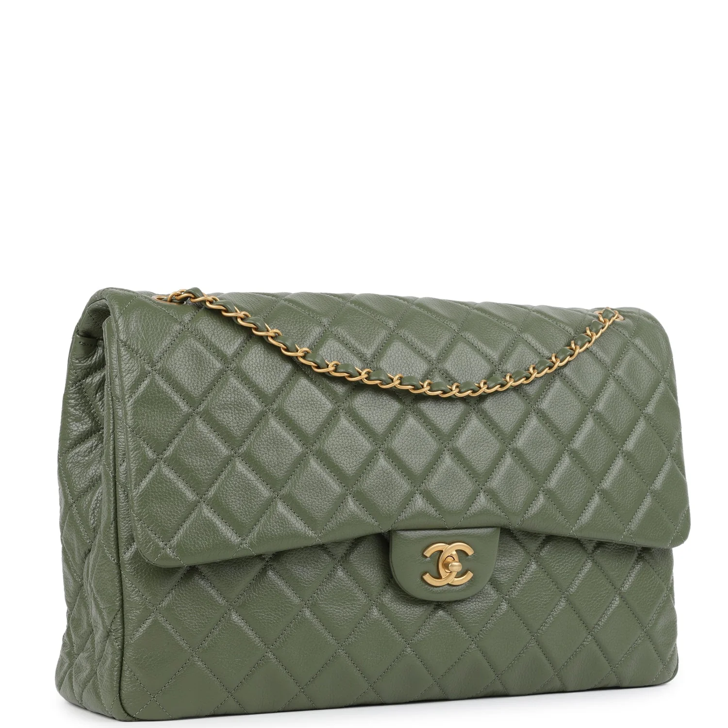 Chanel XXL Classic Single Flap Bag Khaki Shiny Aged Calfskin Brushed Gold Hardware