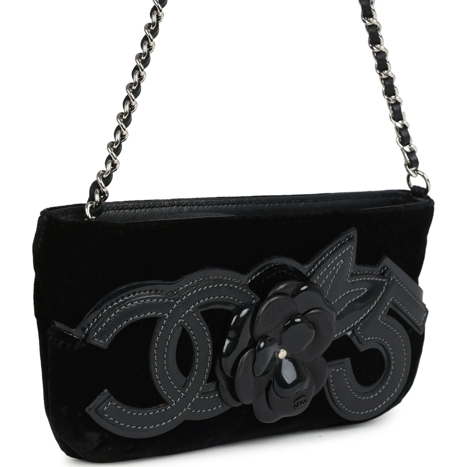 Vintage Chanel No. 5 Camelia Pochette Black Velvet Silver Hardware