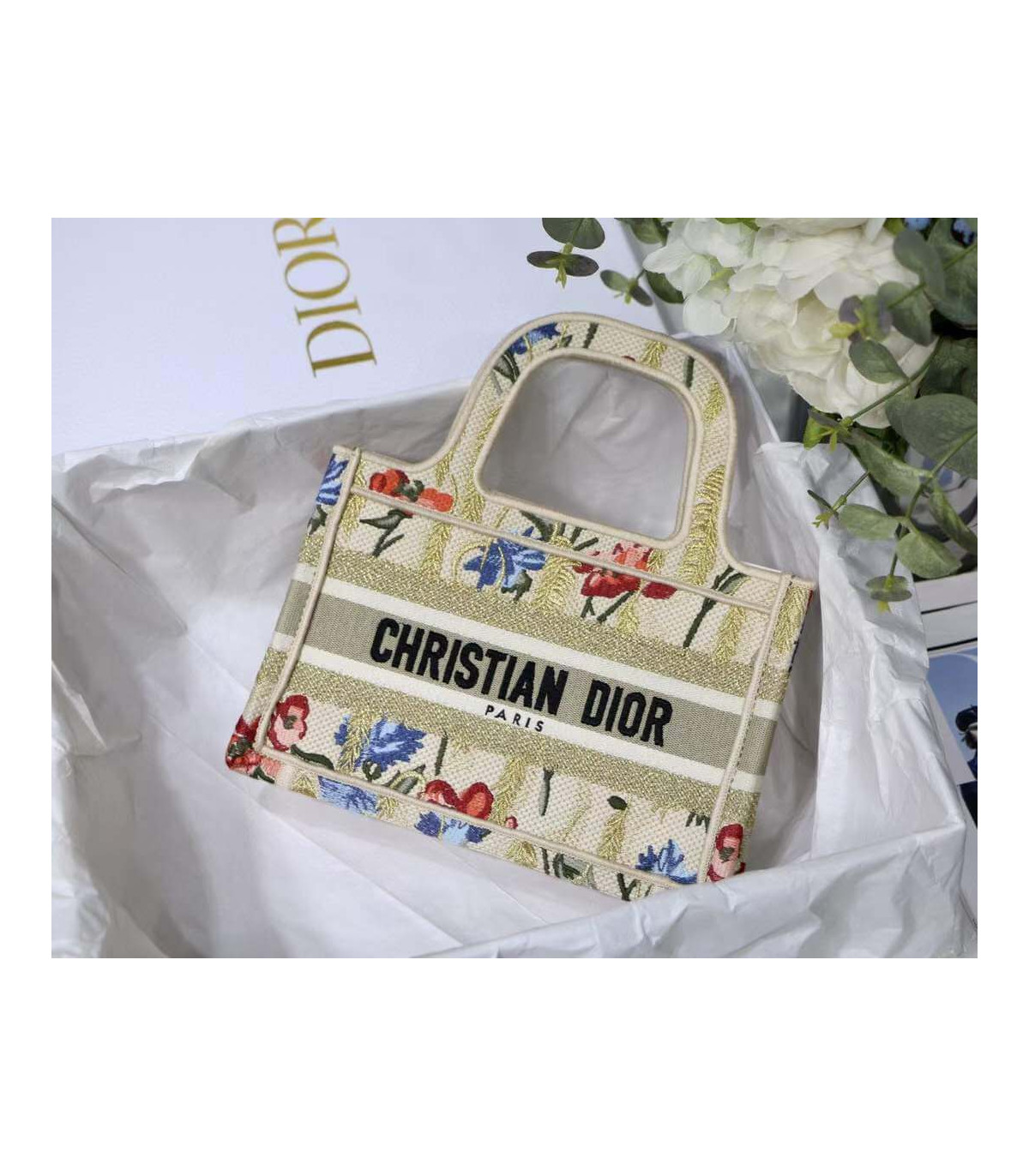 Dior Christian Dior Mini Book Tote Beige Multicolor Hibiscus Metallic Thread Embroidery