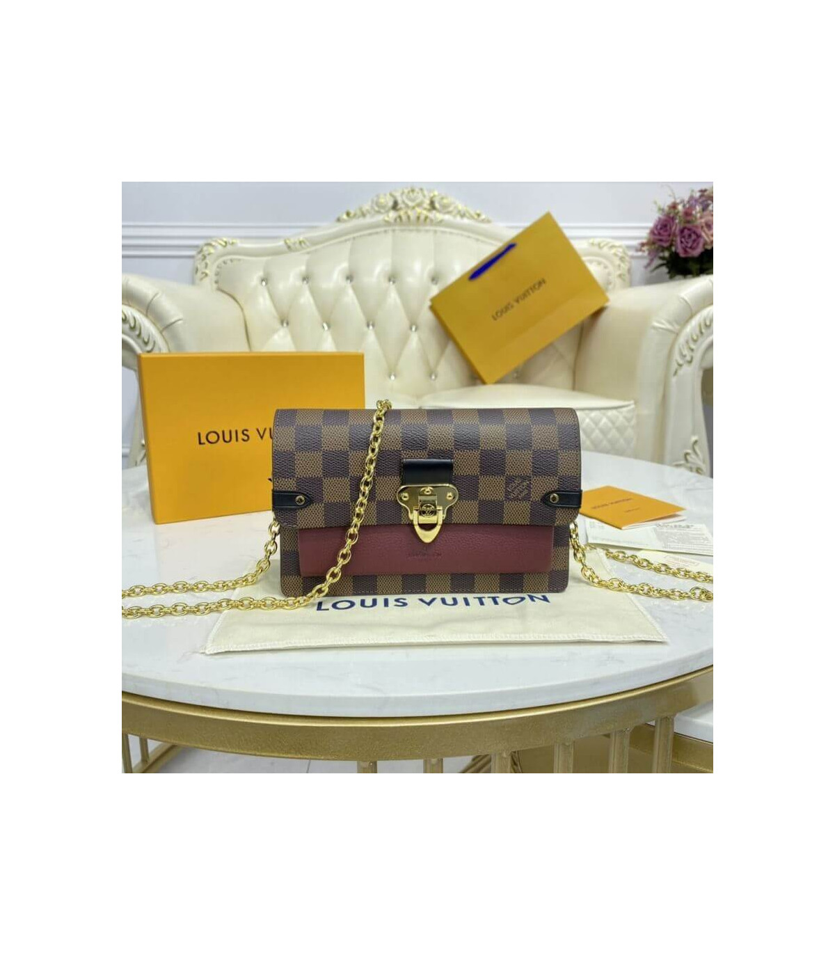 Louis Vuitton Damier Ebene Vavin Chain Wallet Bordeaux/Black