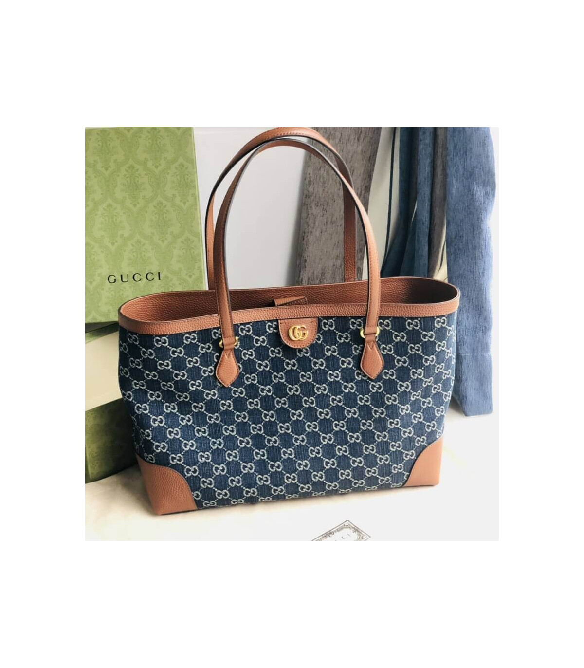 Gucci Denim Ophidia GG Medium Tote