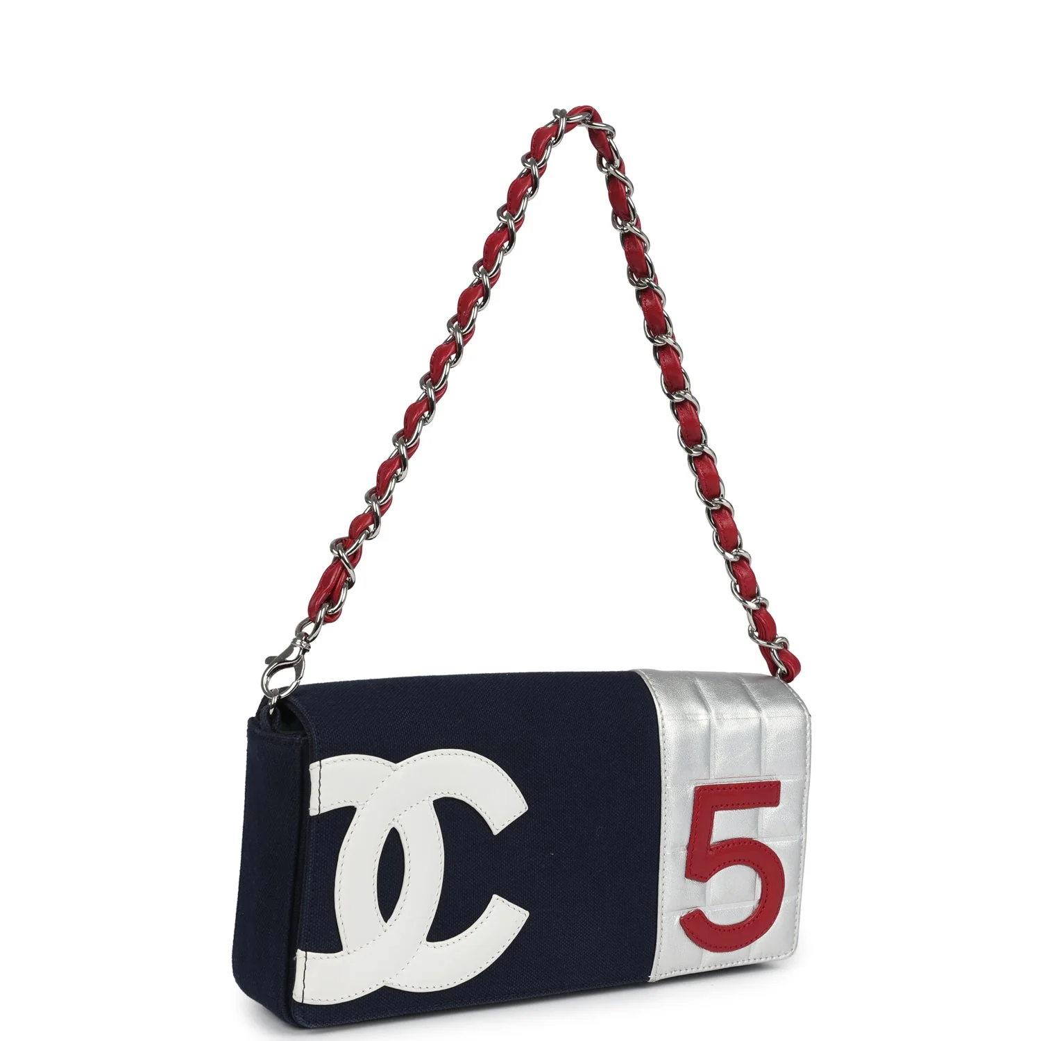 Vintage Chanel N0.5 Chain Shoulder Bag Navy, Silver, Red Canvas Silver Hardware