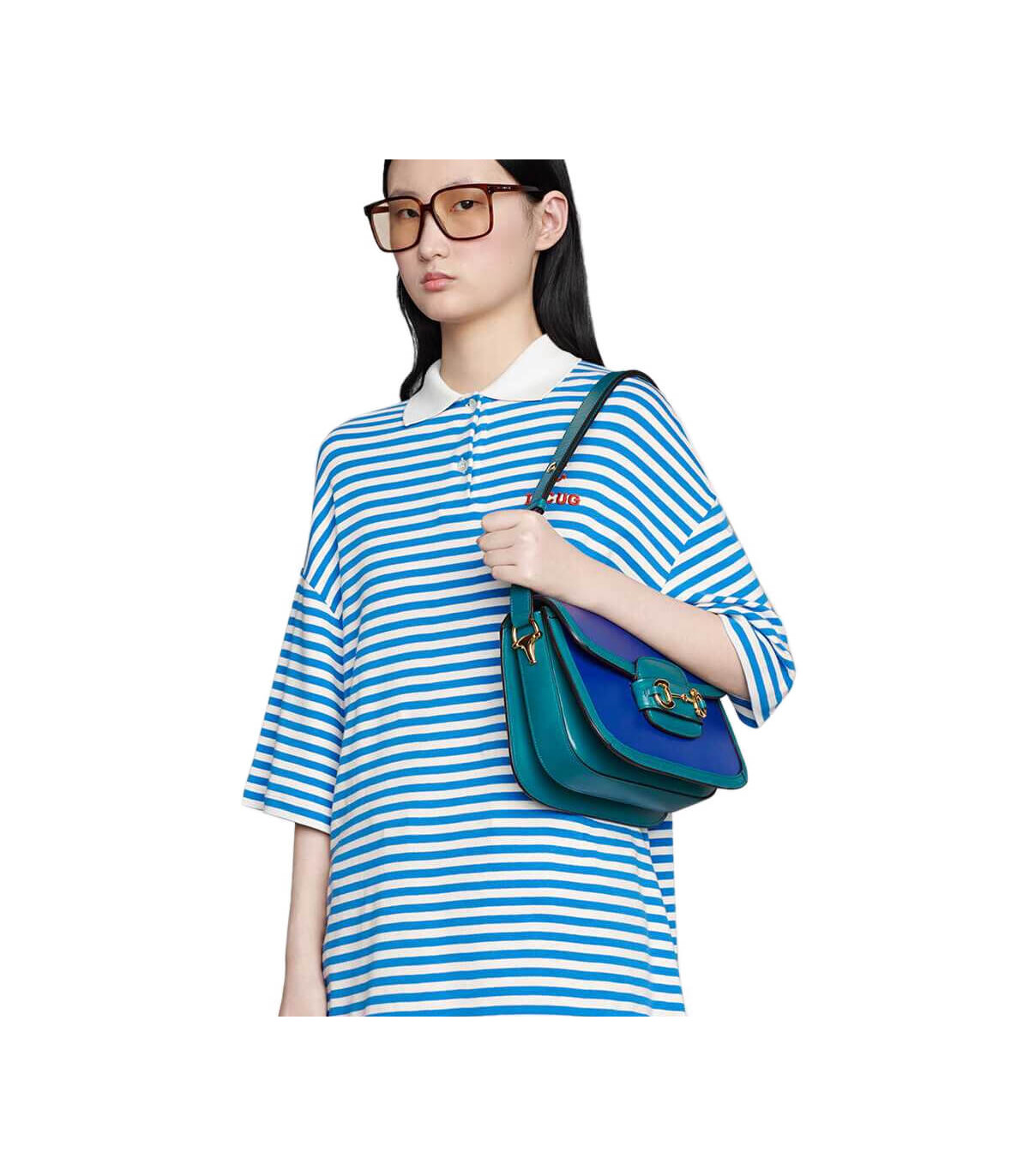 Gucci Horsebit 1955 Small Shoulder Bag Blue and Green Leather