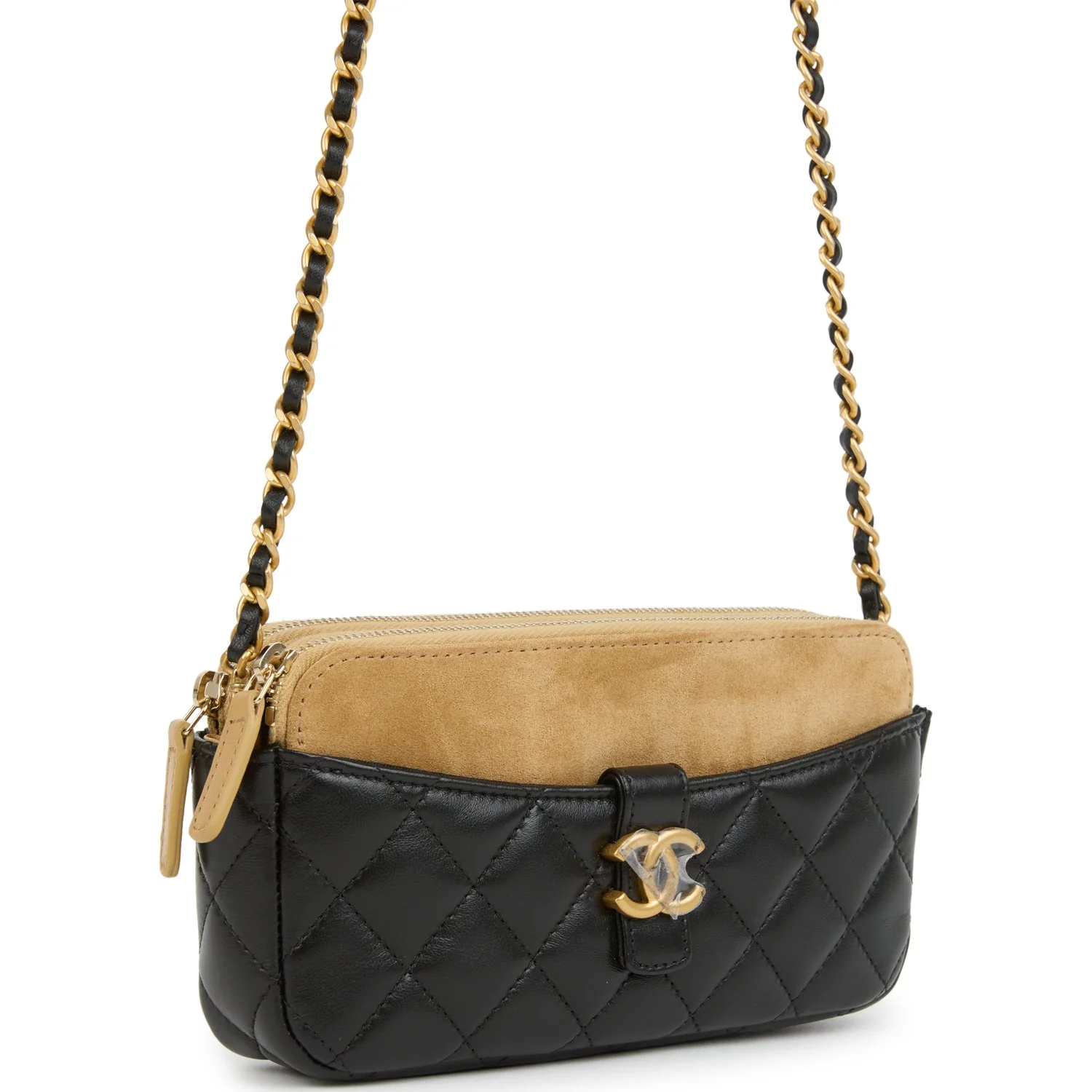 Chanel Double Touch Phone Holder with Chain Black & Brown Shiny Lambskin and Suede Brushed Gold Hardware