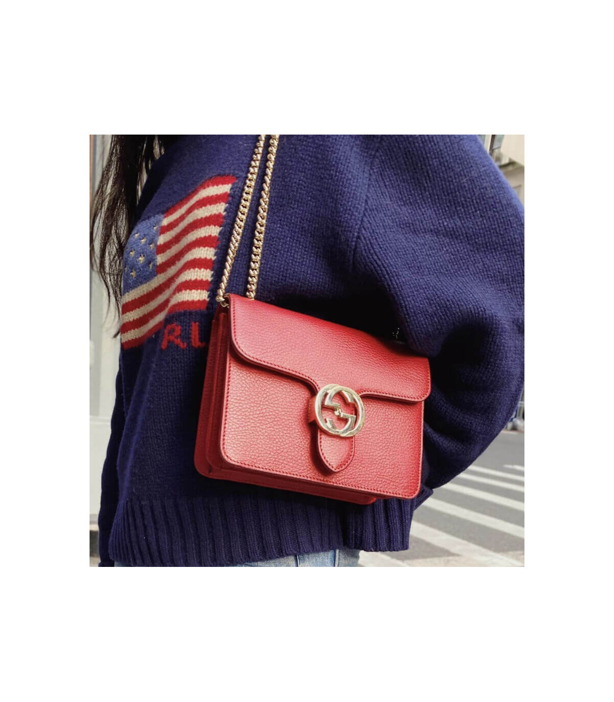 Gucci Interlocking Chain Leather Cross Body Bag Red