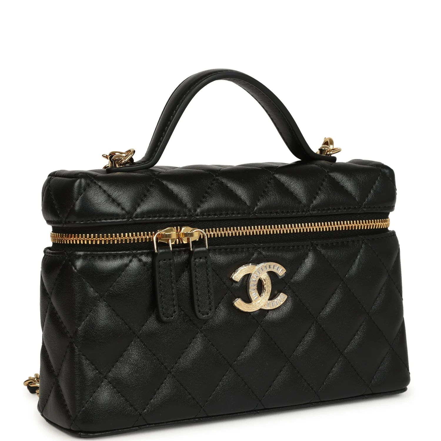 Chanel Top Handle Long Vanity Case with Chain Black Shiny Lambskin Gold Hardware