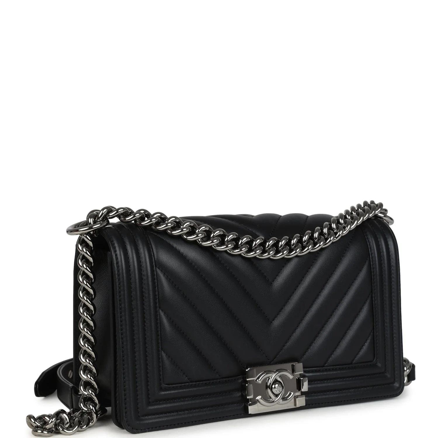 Chanel Medium Chevron Boy Bag Black Lambskin Ruthenium Hardware