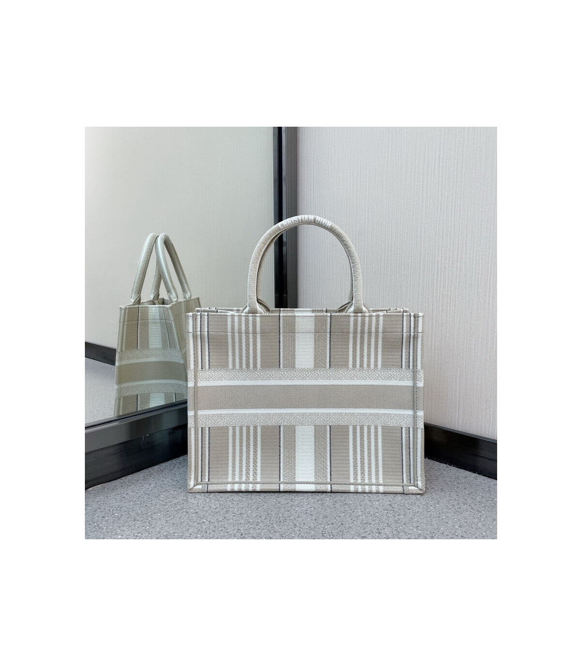 Dior Christian Dior Small Book Tote Beige Stripes Embroidery