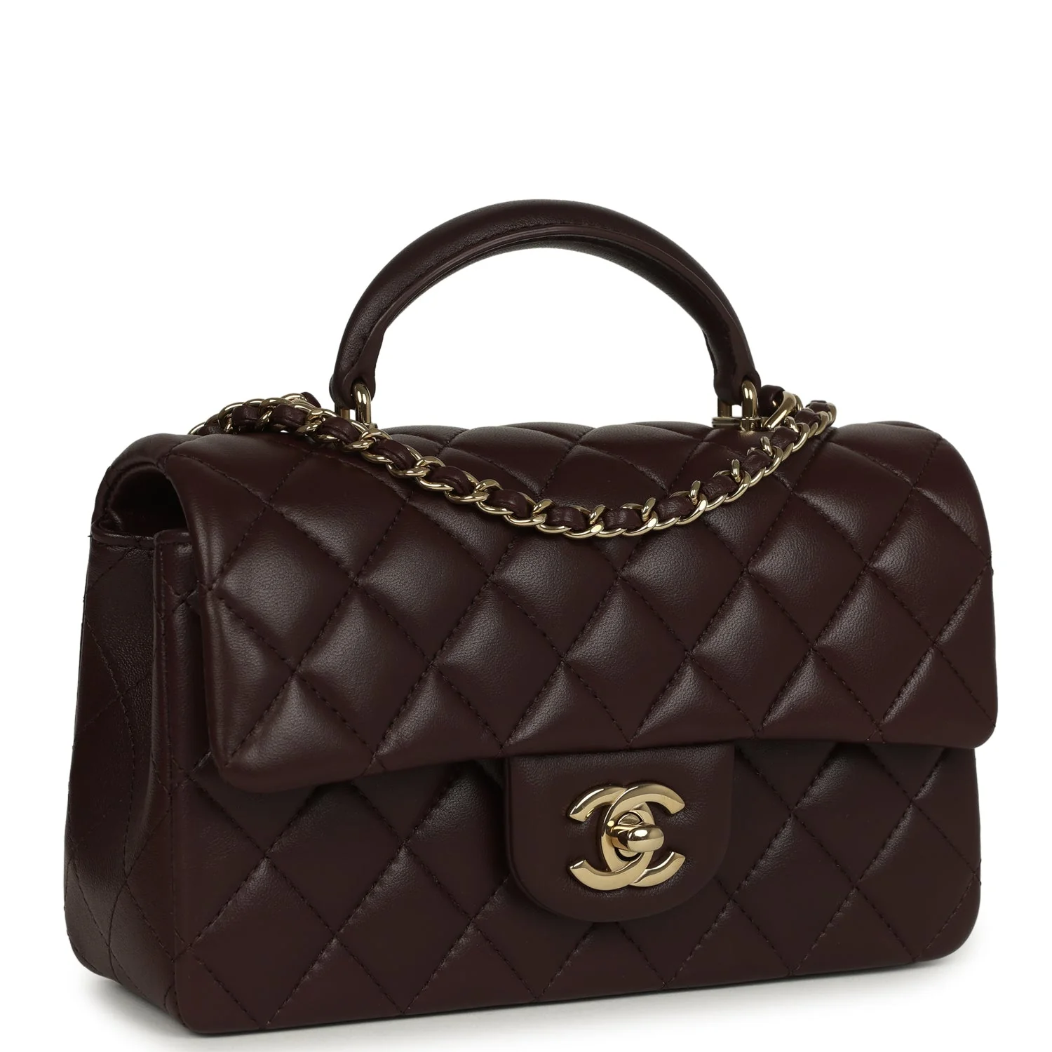 Chanel Mini Rectangular Flap Bag with Top Handle Dark Brown Lambskin Light Gold Hardware