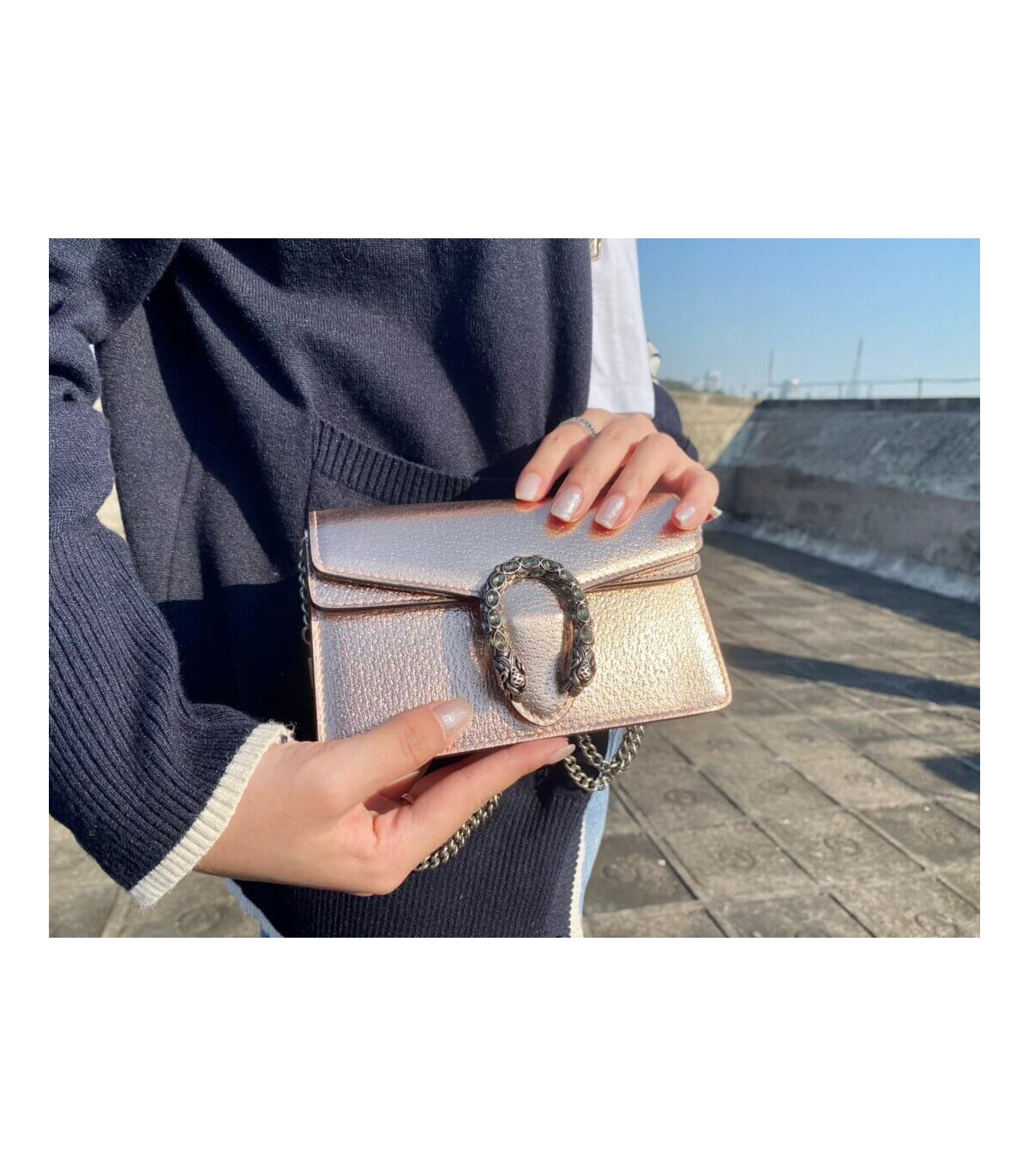 Gucci Dionysus Small Shoulder Bag in Rose Gold Lame Leather