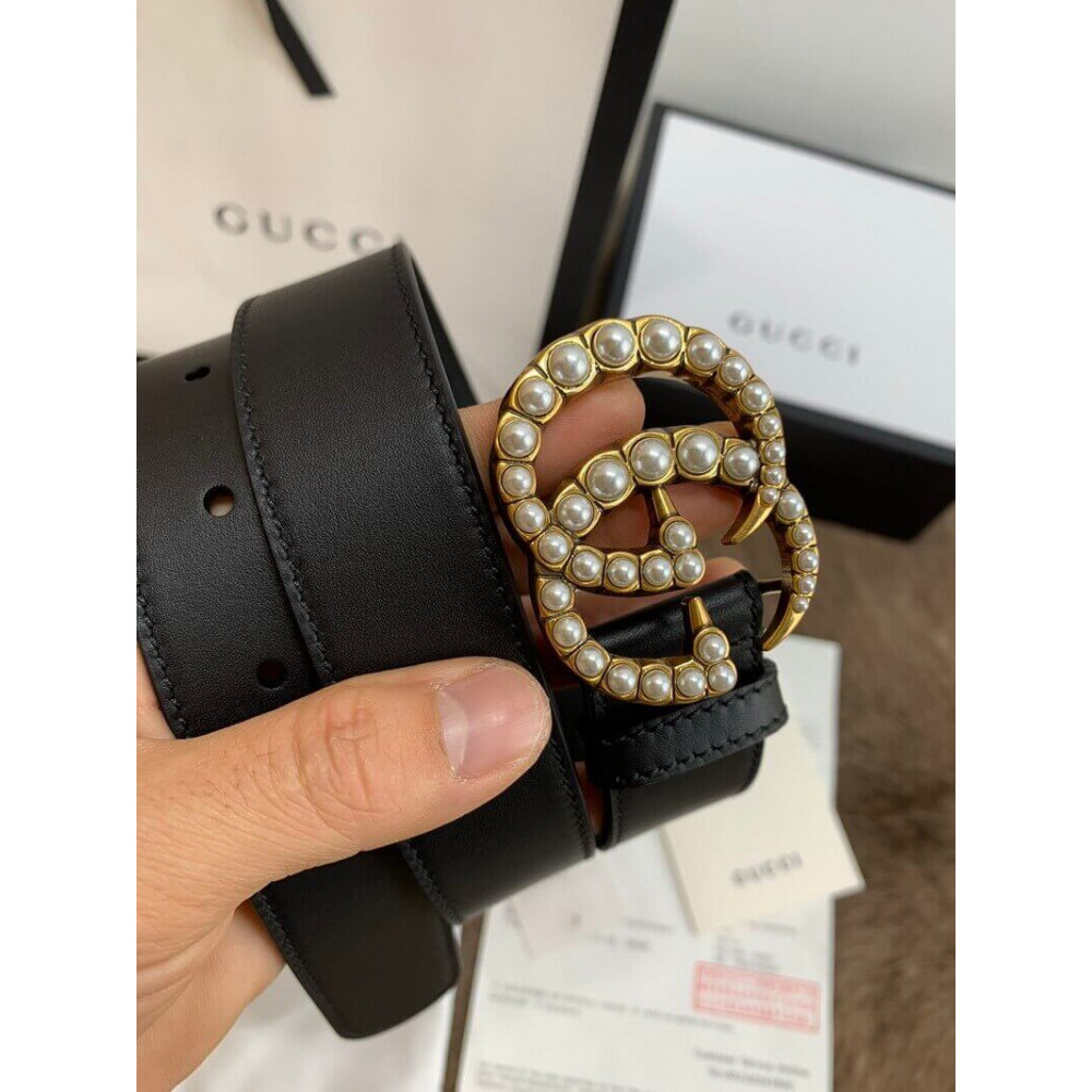 Gucci Black Leather 30mm Belt With Pearl Double G