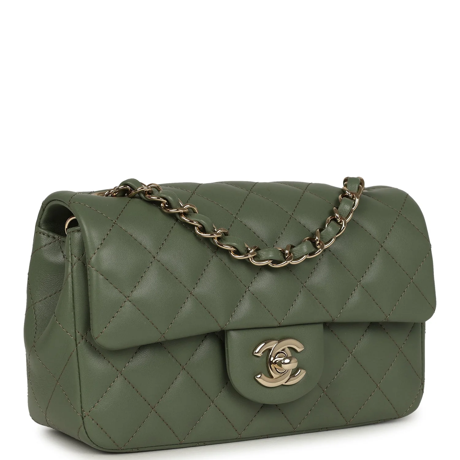 Chanel Mini Rectangular Flap Bag Dark Green Lambskin Light Gold Hardware