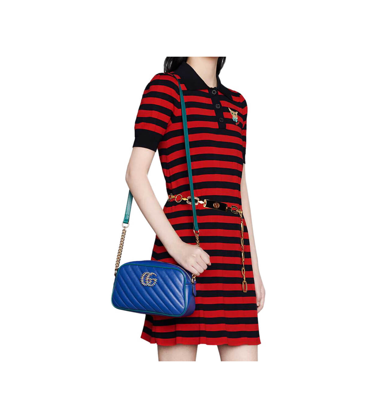 Gucci GG Marmont Small Shoulder Bag Blue and Emerald Leather