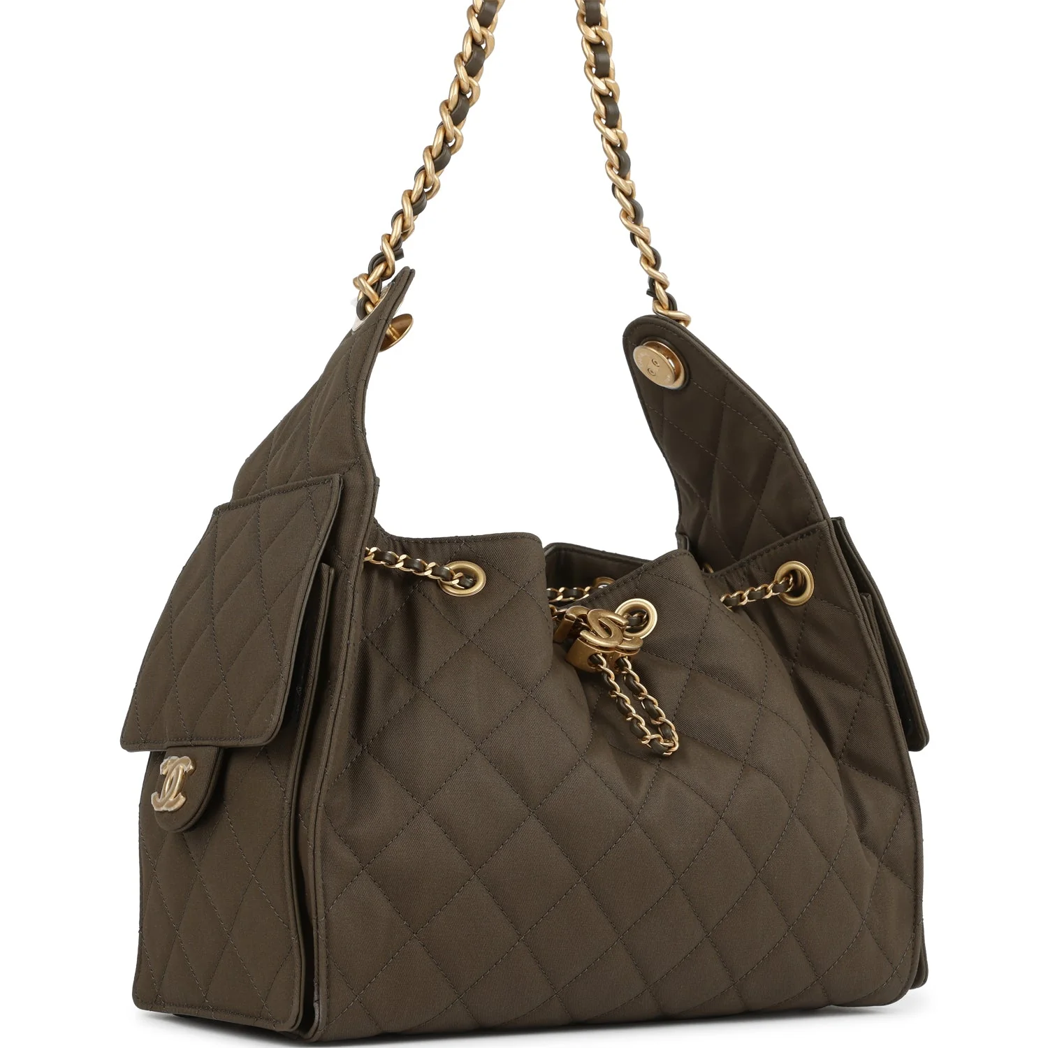 Chanel Small 25 Hobo Bag Khaki Toile Canvas Antique Gold Hardware