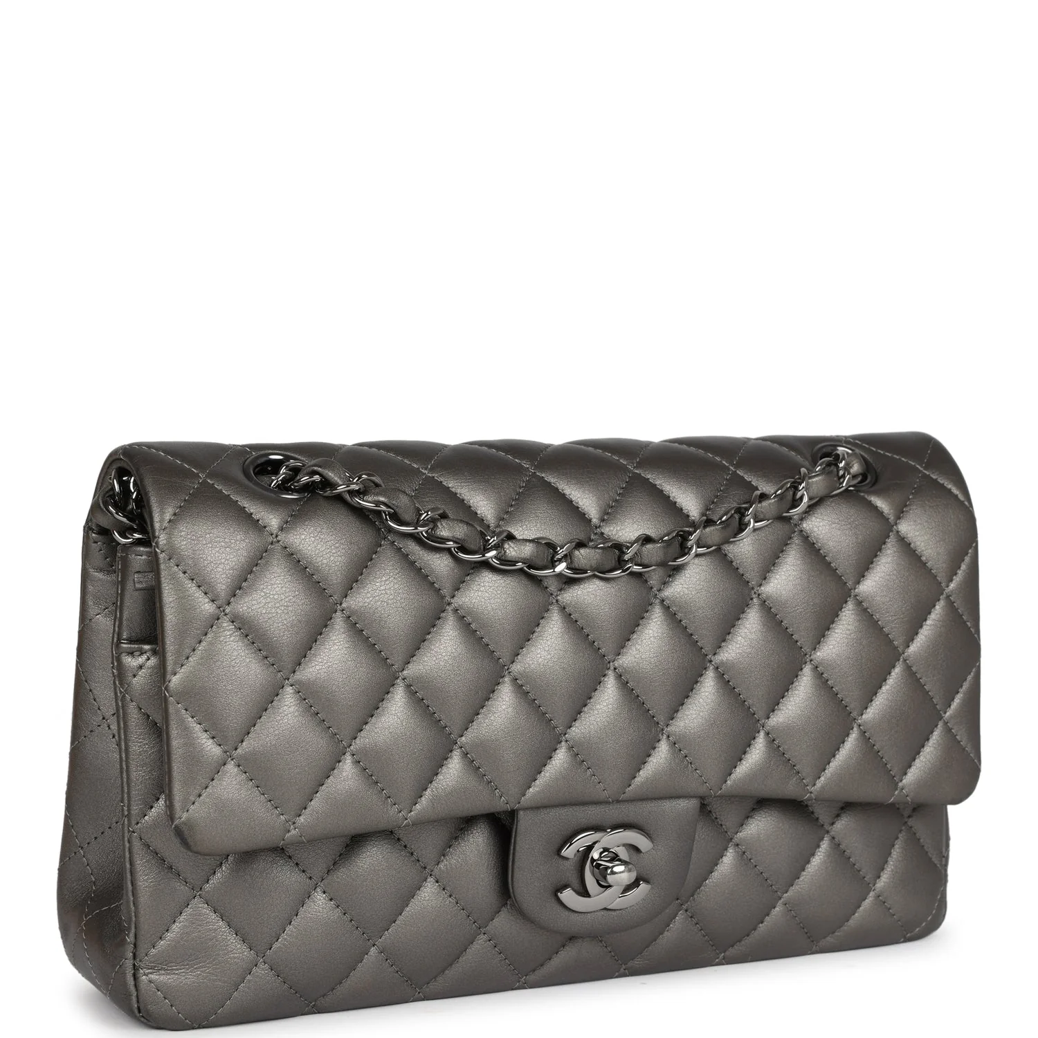 Chanel Medium Classic Double Flap Bag Metallic Grey Lambskin Silver Hardware