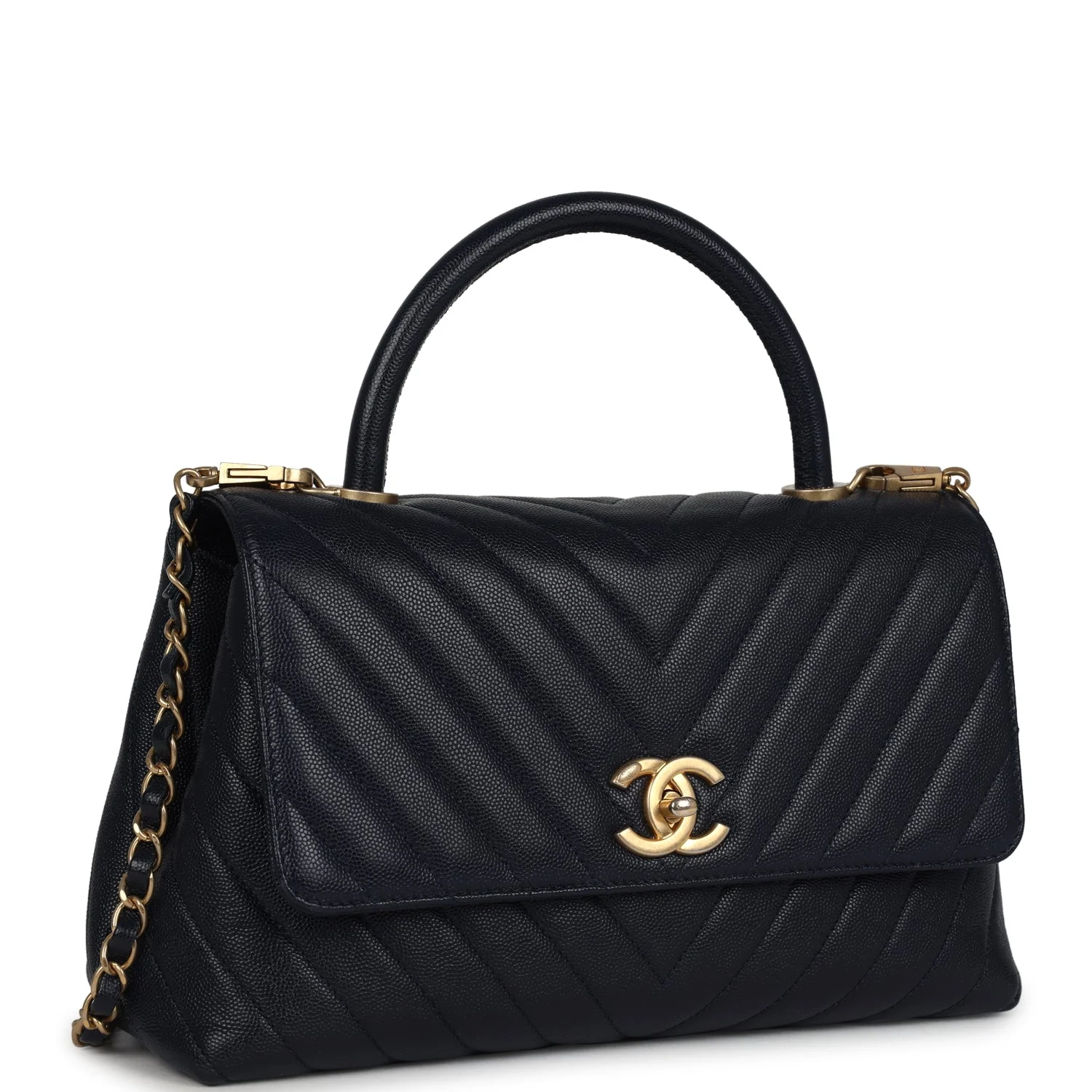 Chanel Medium Coco Top Handle Navy Blue Chevron Caviar Antique Gold Hardware