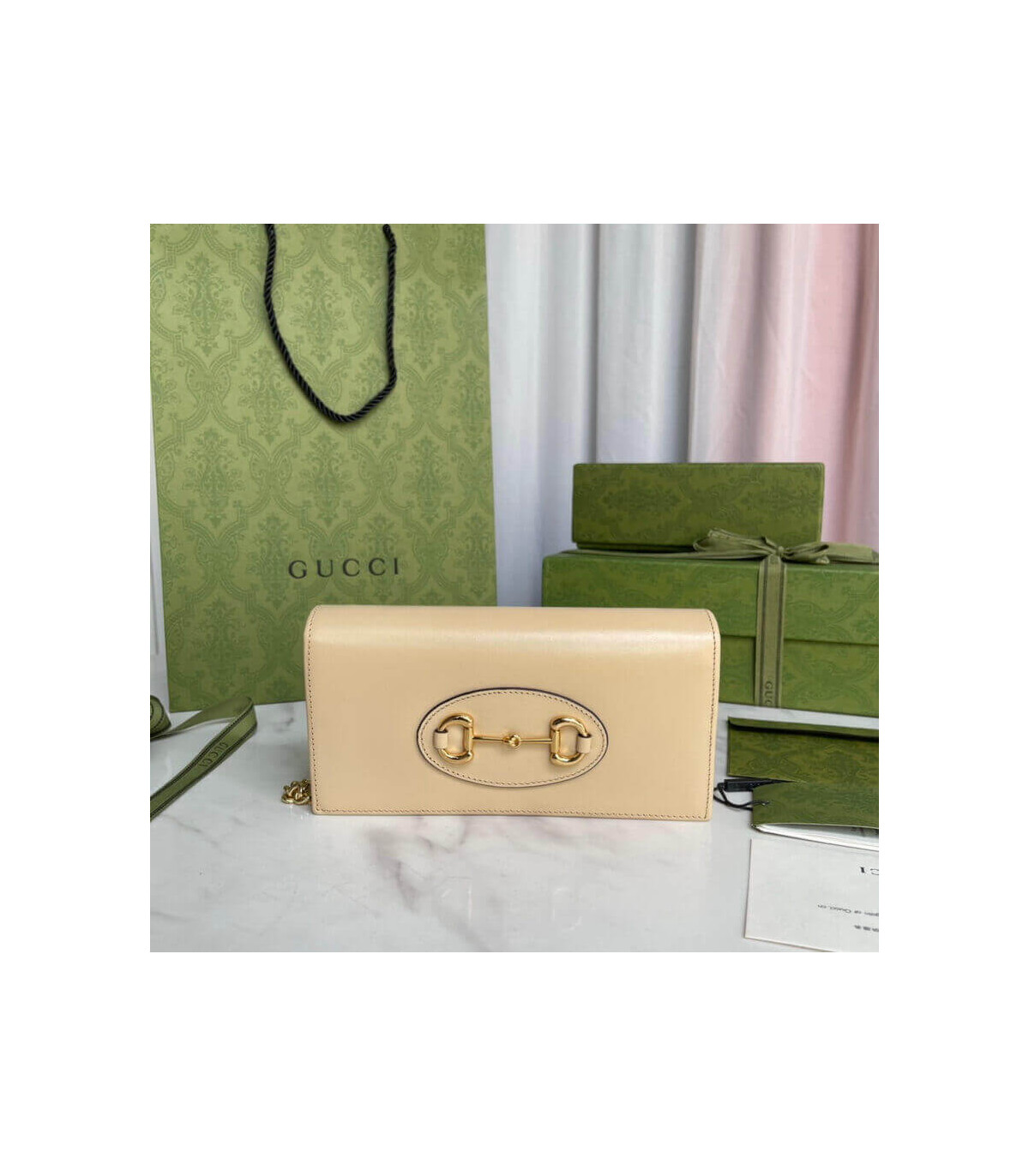 Gucci 1955 Horsebit Wallet With Chain in Beige Leather