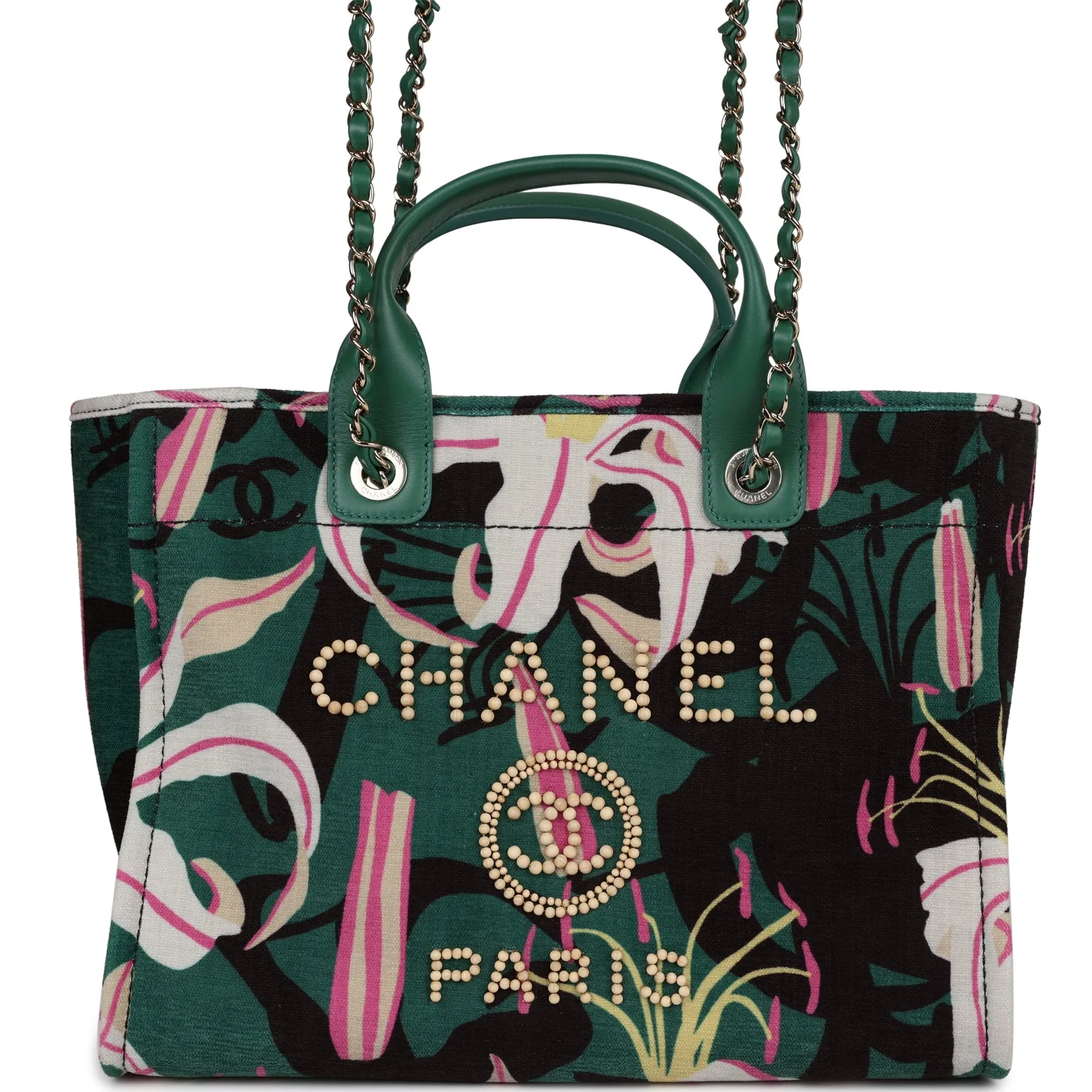 Chanel Small Deauville Shopping Tote Green and Pink Tropical Floral Velvet Light Gold Hardware