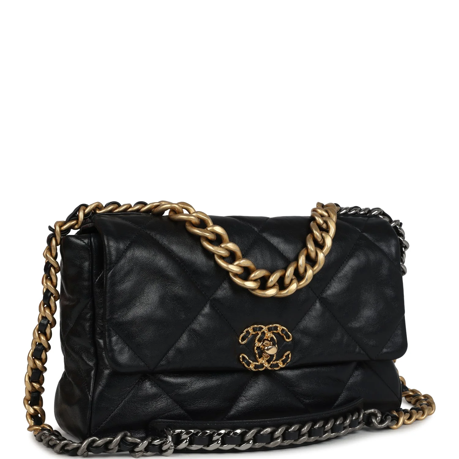 Chanel Large 19 Flap Bag Black Shiny Lambskin Mixed Metal Hardware